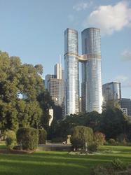 "Sapphire by the Gardens" towers, viewed from the Carlton Gardens, Melbourne, Australia, 14 May 2026, CC-BY-SA